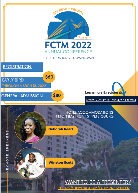 Anyone else excited for the FCTM Annual Conference Opening Keynote by @Debpeart1 on June 16?  Amazing lineup of speakers forming!  <a href="/FCTMath/">FCTM</a> #FCTM2022 fctm.net/what-we-do/con…