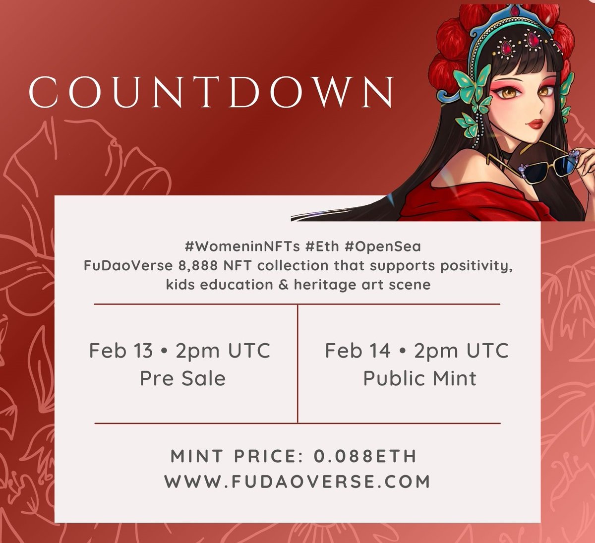 Fudaoverse's tweet photo. ⏰Reminder ⏰

8,888 Divine Celestials will be taking over MetaVerse this Valentine's Day!

RT to show us some love 💕

#NFTCommunity #NFTdrop #WomenInNFTs #NFTLAUNCH #ETH #nft #NFTCollection https://t.co/SlIb0IWaZ9