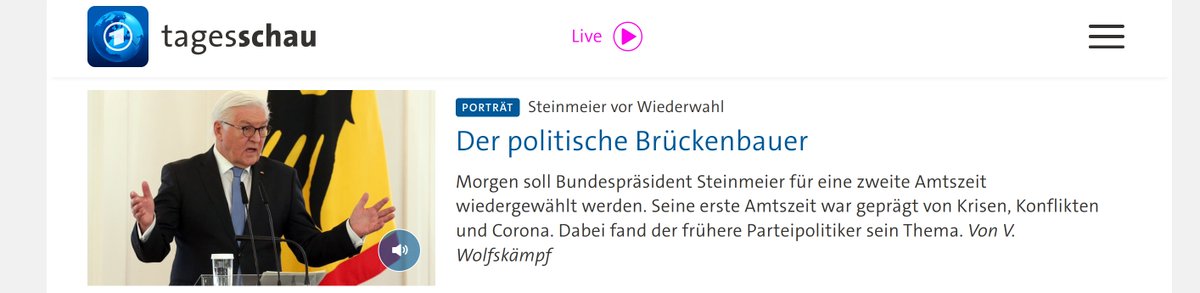 Aarefrank's tweet photo. Ein „Porträt“ von #Steinmeier ohne die Worte #Kurnaz, #NSA, #DeCix, #Eikonal. Bonusgag: Der unpräsidialste Spalter seit Jahrzehnten als „Brückenbauer“...
Super Linientreue, #Vera #Wolfskämpf! 🤡🥒🇩🇪
( →@weristvera ) https://t.co/7oSOkXWvGB