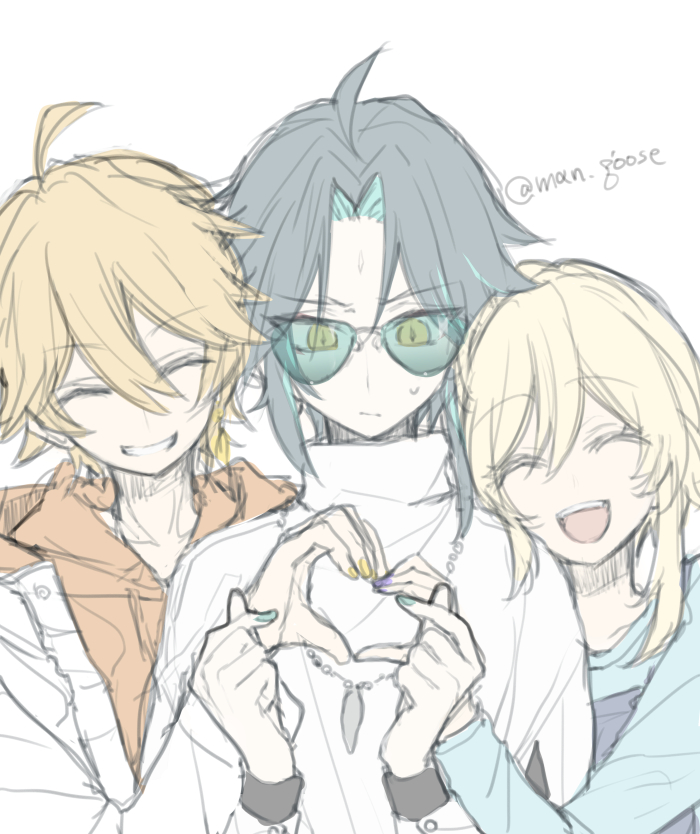 lumine (genshin impact) ,xiao (genshin impact) multiple boys 2boys 1girl blonde hair closed eyes heart hands simple background  illustration images
