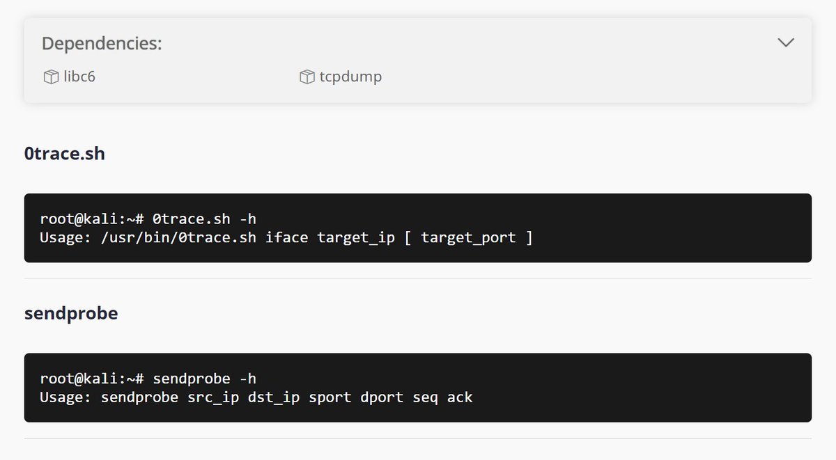 The package is traceroute tool that can be run within an existing, open TCP connection, therefore bypassing some types of stateful packet filters with ease.

How to install:
root@kali:~# sudo apt install 0trace