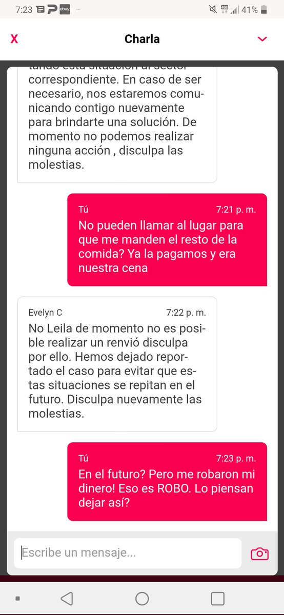 Leila_Mejia's tweet photo. Chequeen. Pido y pago 3 platos y traen 1 (el más barato). Escribo a una "ayuda en línea" que no ayuda (no tienen teléfono) y dicen que no tienen solución. Un robo descarado. Así funciona @pedidosya_do. Me lo han hecho antes pero ya es la 3ra vez y es la vencida @ProConsumidorRD https://t.co/jSNSE5CZbS