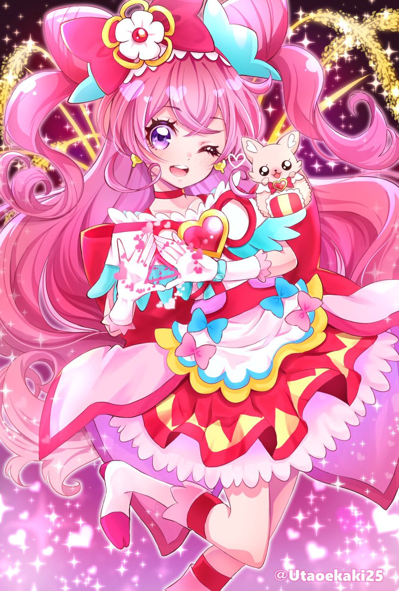 1girl one eye closed pink hair cone hair bun long hair gloves magical girl  illustration images