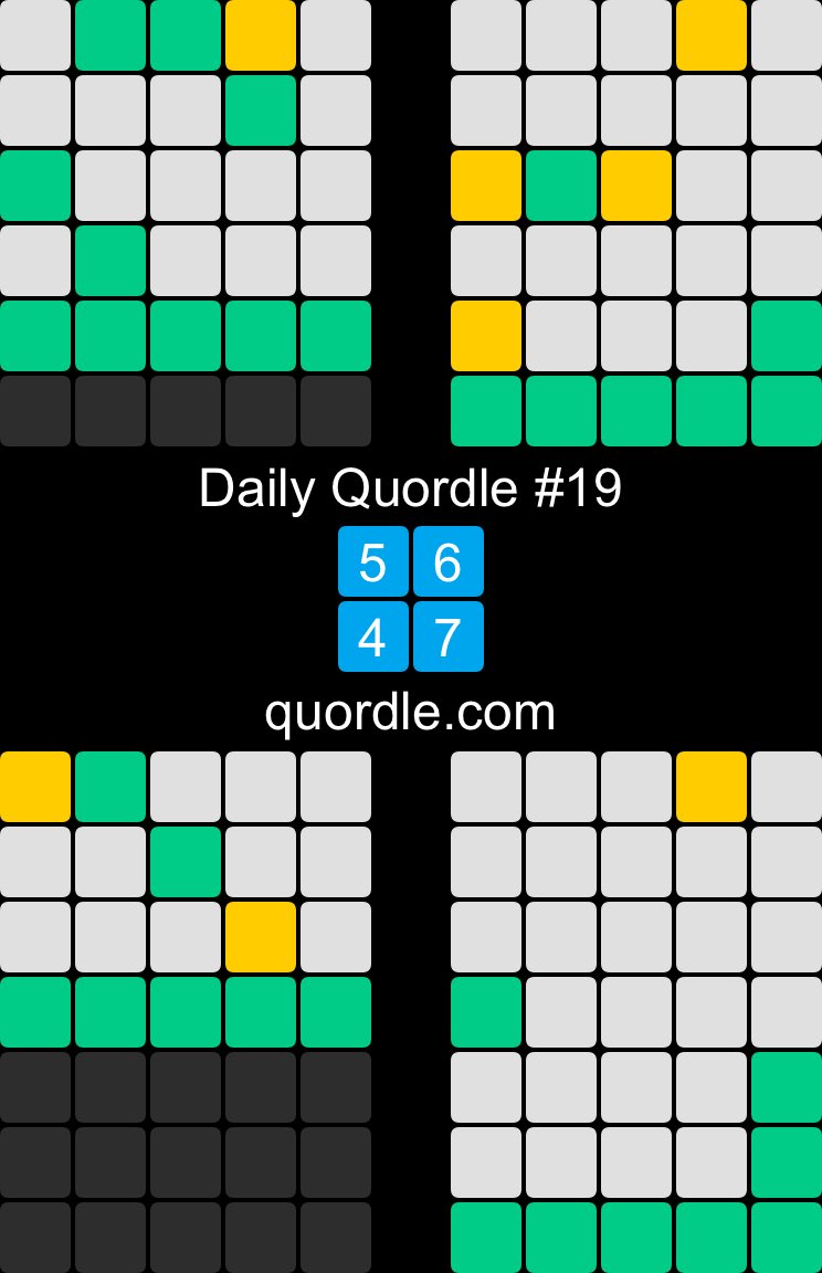 Daily Quordle #19
5️⃣6️⃣
4️⃣7️⃣
quordle.com