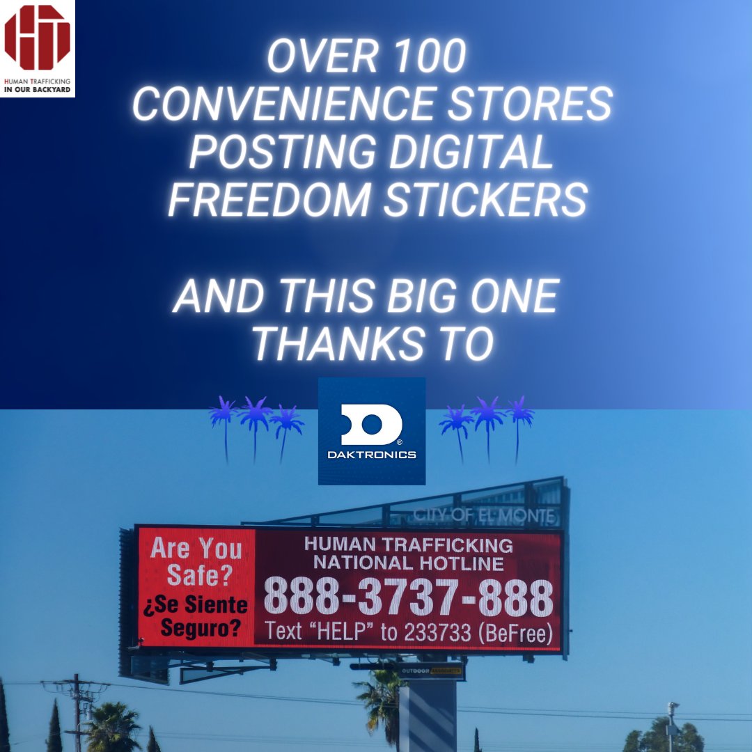 WOW! Seeing this Freedom Sticker on a billboard in El Monte, California is nothing less than absolutely amazing! Thanks @daktronics for your commitment to the fight against human trafficking! Partnership increases our reach, creating pathways to freedom! #FreedomStickersSaveLives
