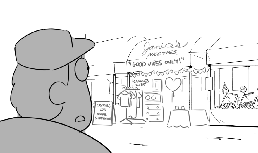 drawing bgs is generally not my forte, but having been to a bunch of farmers markets i knew exactly what i wanted to go for- there's always like at least 10 of these stands and the shop owners are always cathys lol 