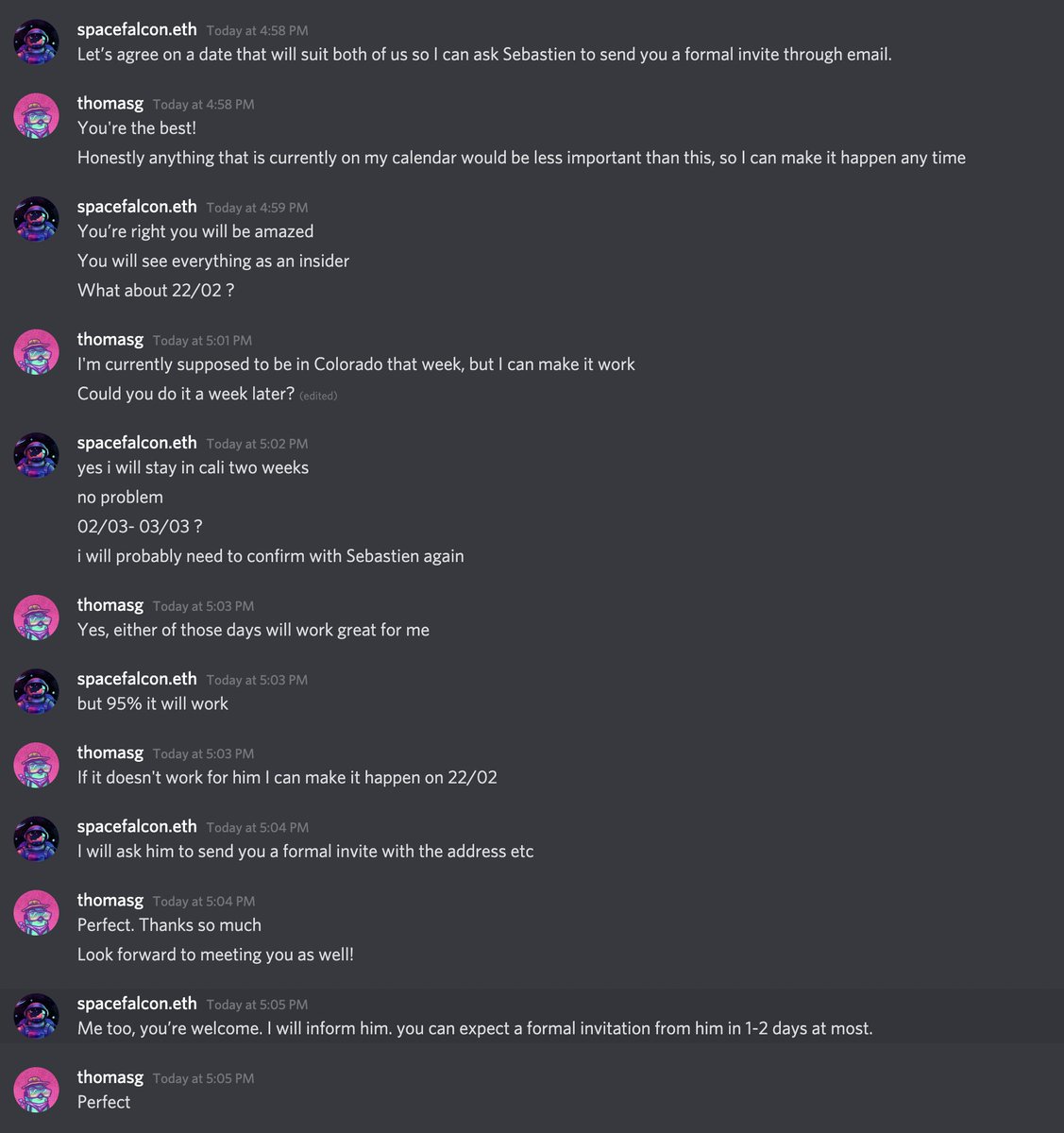 16/ In hindsight, this is kind of absurd, but I had no reason to think that any of this wouldn't be real. We set a date for the trip and Sebastien is going to get back to me with a formal invite over email. I'm pumped and incredibly grateful to Linh for setting this up.