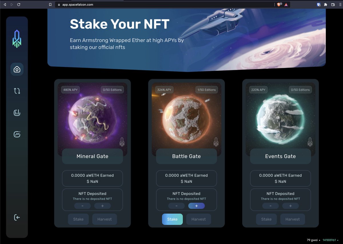 18/ She sends me some instructions on the staking app. The site seems fine and it has prompts for three transactions: The NFT approval, a token approval for Armstrong wrapped ETH, and a stake function. The token approval seems little strange but I don't hold it so I don't worry