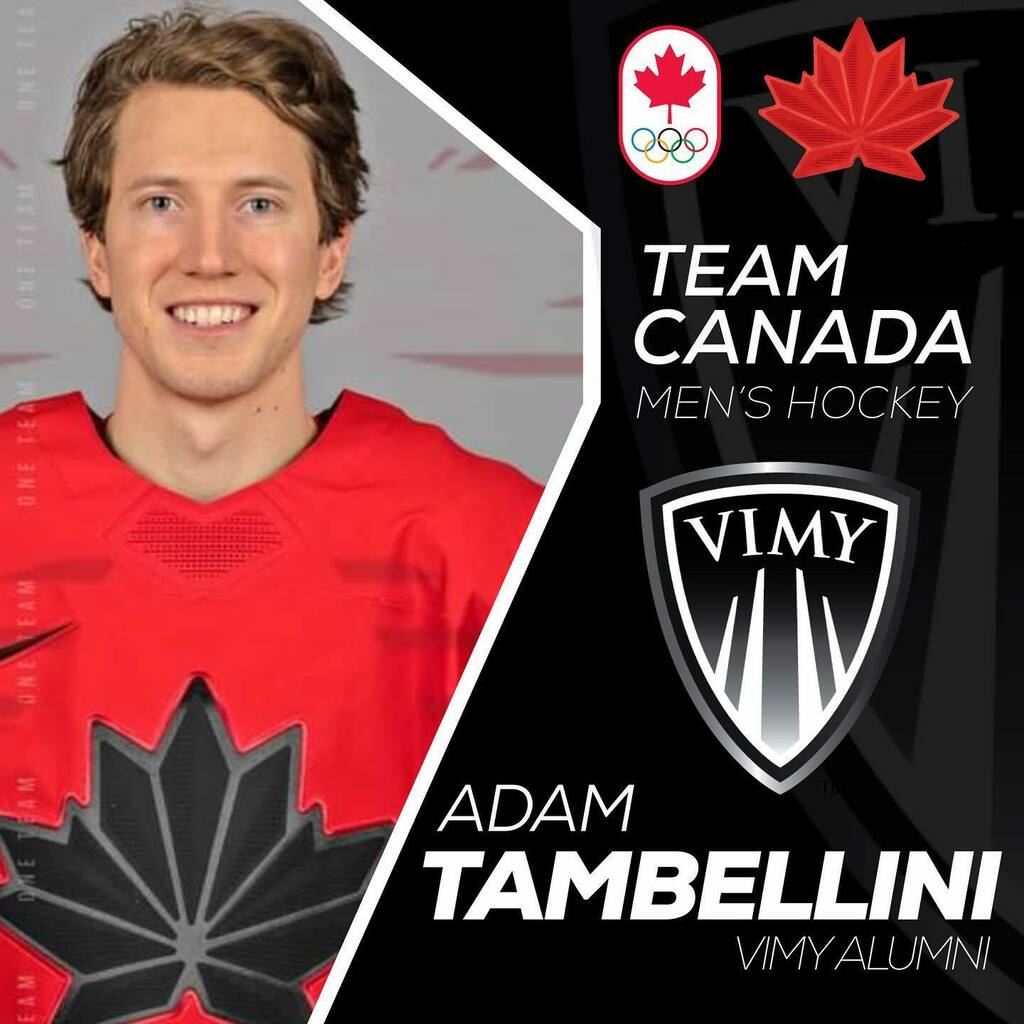 VimyAcademy's tweet photo. We would like to wish our #VimyAlumni Adam Tambellini, a forward on the Canadian Men’s Hockey Team competing in the @olympics, the best of luck chasing down a gold medal over the next two weeks in Beijing! #vimyproud #epsb #yeg #teamcanada @teamcanada #tr https://t.co/goieVMjwMX