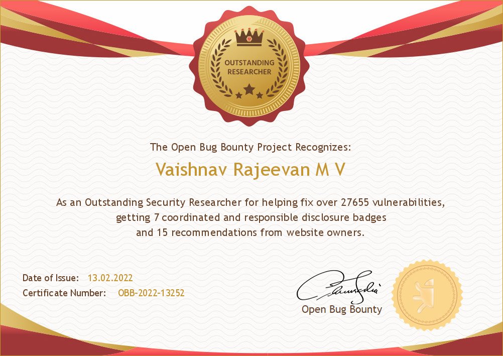 openbugbounty's tweet image. Over 27600+ websites secured thanks to the research and coordinated disclosure by @vaishnavrajeev6 at Open Bug Bounty Platform #OpenBugBounty.