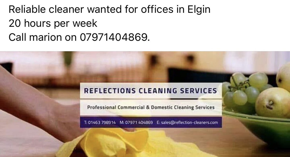 Reliable cleaner wanted for offices in Elgin
20 hours per week 
Call Marion on 07971404869.   #job #work #opportunities #Elgin #Moray