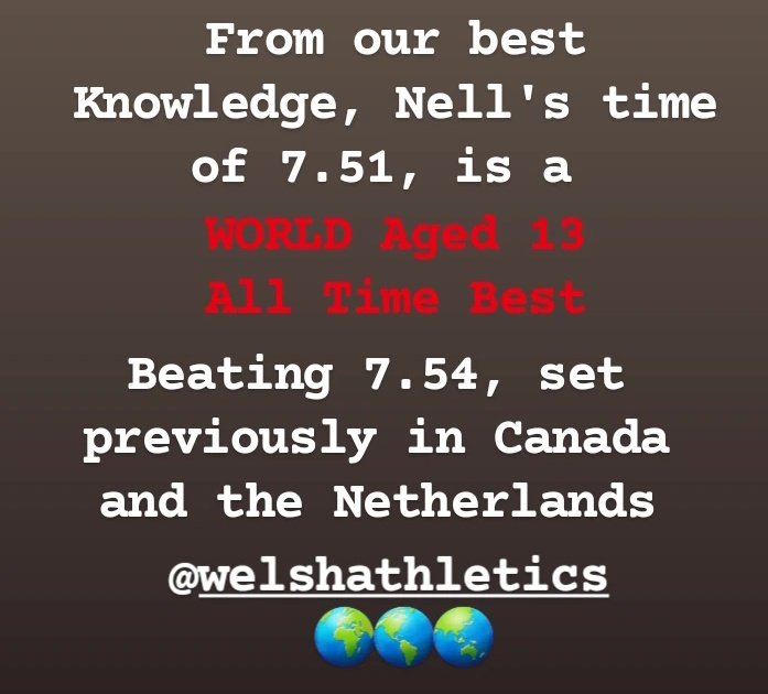 From our Knowledge, Nell Desir's time of 7.51,to win the AAAs U15G 60m title, is an World Aged 13 All Time Best! beating 7.54 set previosly in Canada and The Netherlands @WelshAthletics @EnglandAthletic