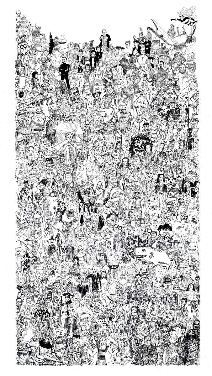 wellpossibly's tweet image. Here it is. The whole of #DoctorWho in one picture. Something from every story, even if extremely tenuously. Not everything is to scale, not everything looks as it should! And although I've noticed that he is, again, very obvious, where's Panda? #DoctorWhoArt