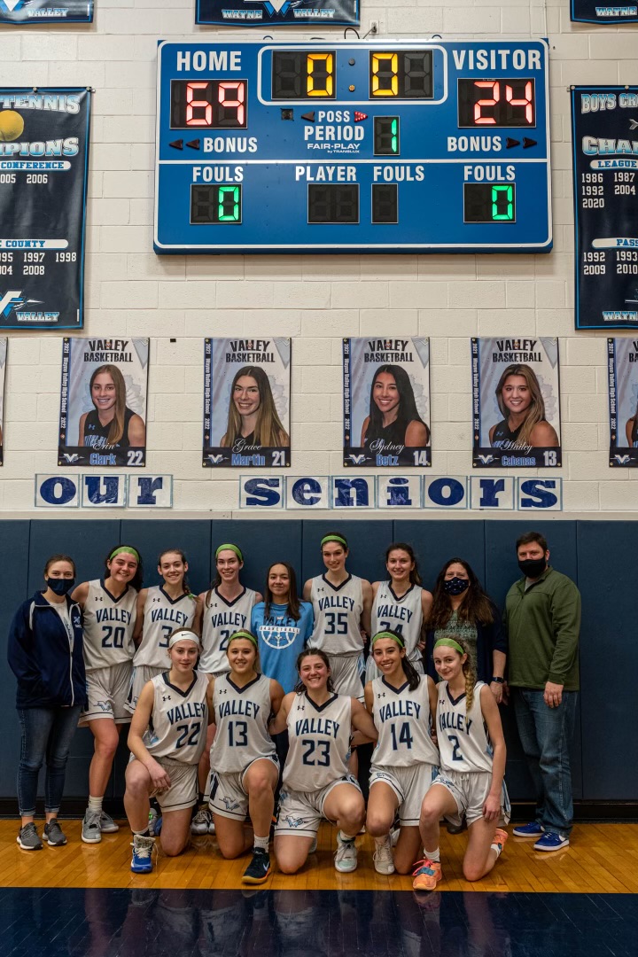 wvalleyathletic's tweet photo. Girls Basketball with a 69-24 victory over Pompton Lakes in the quarter-finals of the Passaic County Tournament. Seniors Sofia Neary, 17 points, and Hailey Canabas, 16 points, lead the offense as Vivian Testa, Erin Clark, and Sydney Betz played lock down defense. #VALLEYPRIDE https://t.co/nXsJ3CA8ap