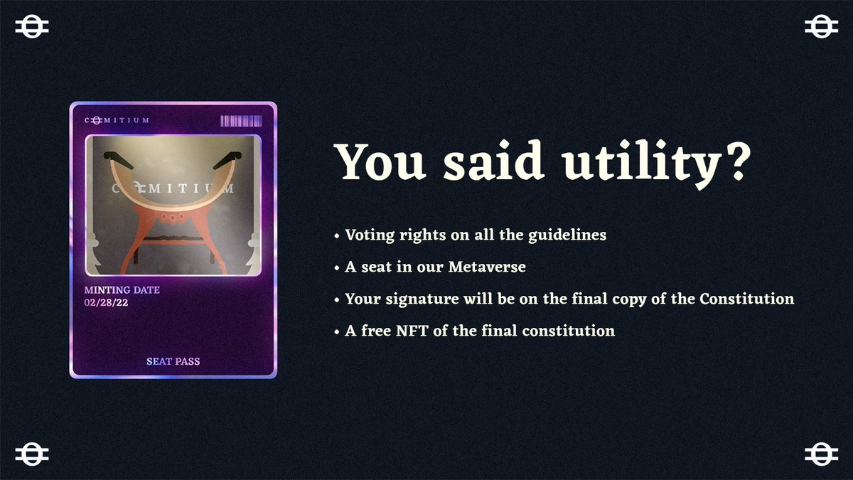 Founding fathers of <a href="/ComitiumDAO/">Comitium DAO</a> will be able to enjoy these #NFT #Utilities . Join the discord and lets have a conversation. Don't forget our OG whitelist #NFTGiveaway. Will be ending in a couple of days #Metaverse #Ethereum 
x.com/ComitiumDAO/st…