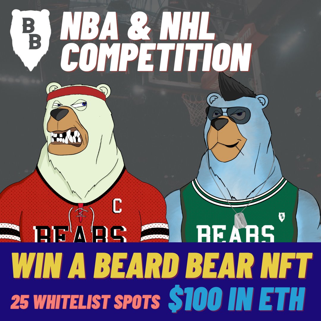 What are we like? We've set up ANOTHER event on our platform for ANYONE to join!

4 NHL games &amp; 8 NBA

Prizes:
🐻 Beard Bear NFT
💵 $100
📜25 x WL spots
cave.beardbears.club/saturday

Enter now with your Discord login for your chance to win!

#beardbears #NFTs #utilityfirst