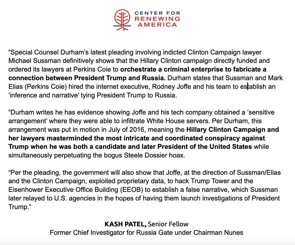 🚨 HUGE NEWS 🚨

New statement from our Senior Fellow #KashPatel on the latest Durham filing.