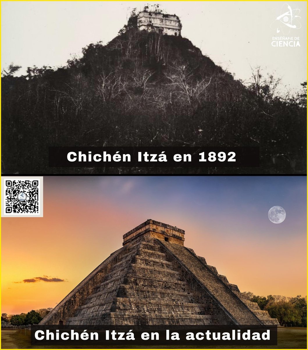 EnsedeCiencia's tweet photo. Chichén Itzá cuando fue descubierta en 1892 comparado con su apariencia hoy en día (templo de Kukulkán). https://t.co/b48xyjkK4U
