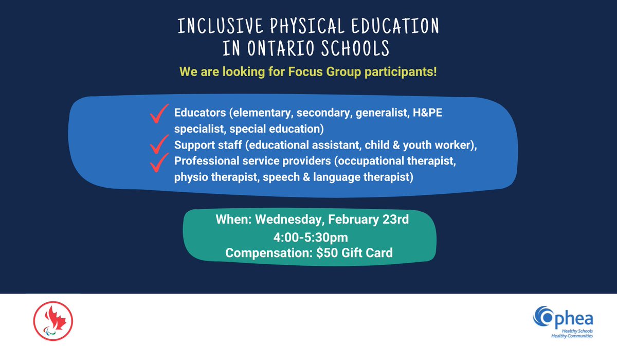 opheacanada's tweet photo. We're searching for Focus Group participants for an Inclusive #PhysicalEducation in Ontario Schools project with @EducationAtPlay! We're partnering to ⬆️ educators capacity to support students with #disabilities in meaningfully participating in quality #PE https://t.co/u48LDZL9FM https://t.co/MVCdYuWgwr