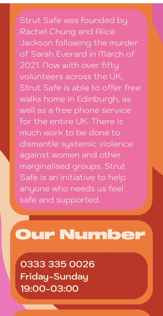 LisaFathersBF's tweet photo. SPREAD THE WORD … Feel unsafe or anxious walking home at night? 

Call Strut Safe &amp; they stay on the phone until you are home. If necessary they will contact emergency services.

Friday &amp; Saturday nights 7pm-3am &amp; Sunday nights from 7pm until 1am.

0333 335 0026 free to call. https://t.co/4EK3IcnDcA