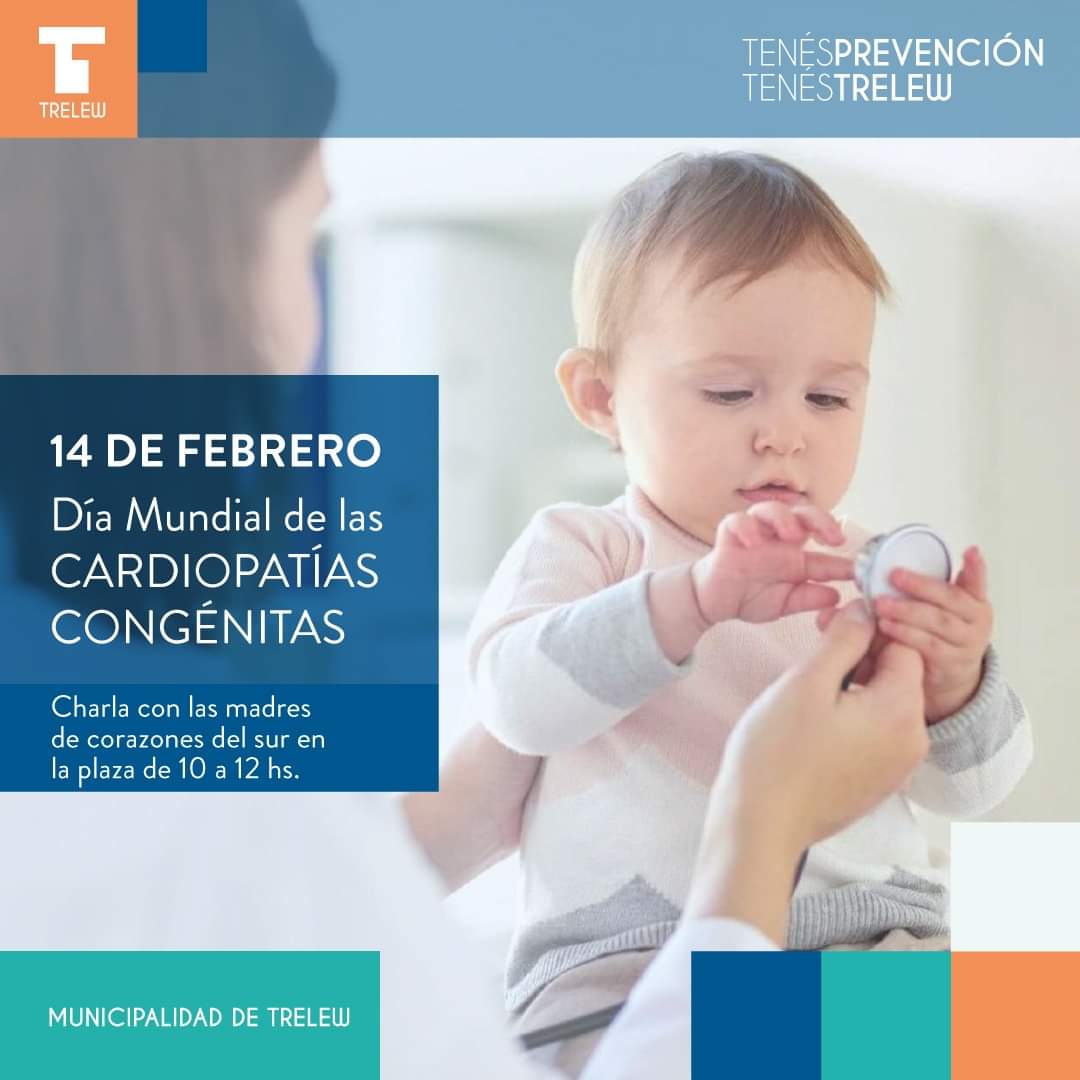 Con motivo de conmemorar el Día Mundial de las Cardiopatías Congénitas, las Madres  de Corazones  del Sur brindarán una charla.

📌Te esperamos el lunes14 de febrero de 10 a 12 hs, en la Plaza Independencia.

#TenésPrevención 
#TenésTrelew