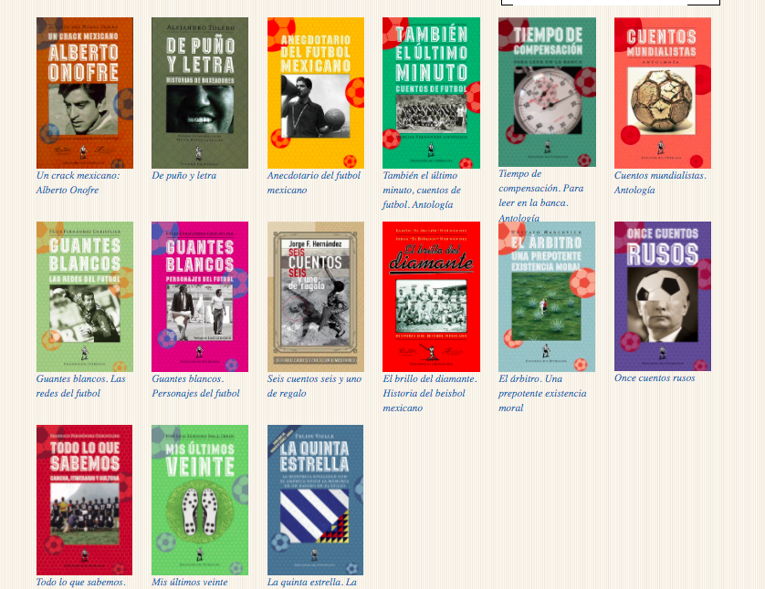 Estos don de <a href="/EdFicticia/">Ficticia Editorial</a> sobre futbol
hay dos de <a href="/Felixatlante12/">Felix Fernandez</a>, uno de "Chelis" y uno de Cappa