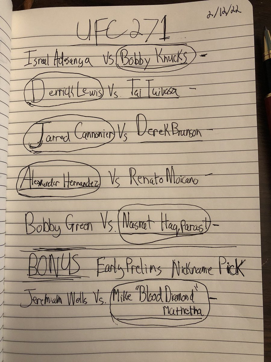 OctagonMan's tweet photo. Picks for tonight. Absolutely stacked card top to bottom. Time to recover after getting too cute last week and going 3-3. Hoop earring bet on the line as well. I’ve never felt better #OctagonMan #ManWithTheNotebook https://t.co/3qkExx6NQW
