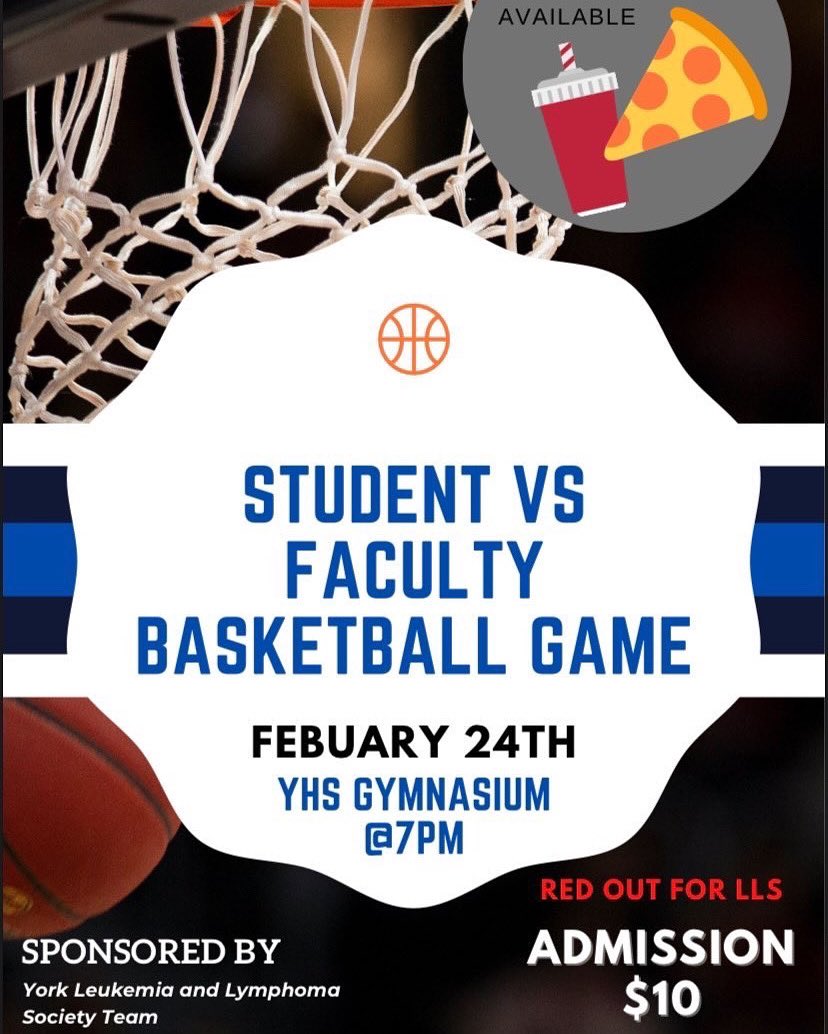 YHS_2024's tweet photo. ALL STUDENTS!!! A student vs. faculty basketball game will be hosted at YHS on February 24th from 7-10pm!! Admission is $10, and there will be concessions. It is a RED OUT for blood cancer!! A link to the sign up genius will be in our instagram bio (first come first serve)! https://t.co/D1oeiTfuCA
