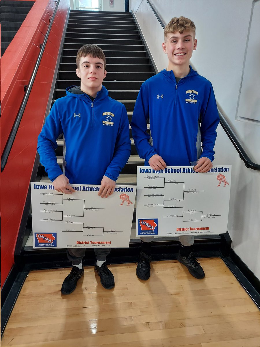 Congratulations to <a href="/TeamBCWrestling/">Benton Wrestling</a> senior Jaiden Moore and freshman Brenden Heying. District champions and State wrestling tournament qualifiers. This will be Moore's third trip, Brenden's first trip to State, which will begin on Thursday in Des Moines <a href="/BCbobcatscores/">𝔹𝕠𝕓𝕔𝕒𝕥 𝔸𝕥𝕙𝕝𝕖𝕥𝕚𝕔𝕤</a> #iahswr