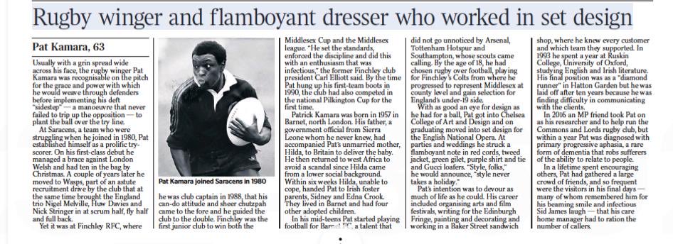 Our Pat Kamara remembered in the ⁦<a href="/thetimes/">The Times and The Sunday Times</a>⁩ today #Grace #Power #ClubCaptain #MiddlesexCup&amp;League ⁦<a href="/MiddlesexRFU/">Middlesex Rugby</a>⁩ ⁦<a href="/BarnetFC/">Barnet FC 🐝</a>⁩ ⁦<a href="/Saracens/">Saracens Rugby Club</a>⁩ ⁦<a href="/WaspsRugby/">Wasps Rugby</a>⁩ ⁦<a href="/ChelseaUAL/">Chelsea College of Arts</a>⁩ ⁦<a href="/E_N_O/">English National Opera</a>⁩ “Style never takes a holiday!”
