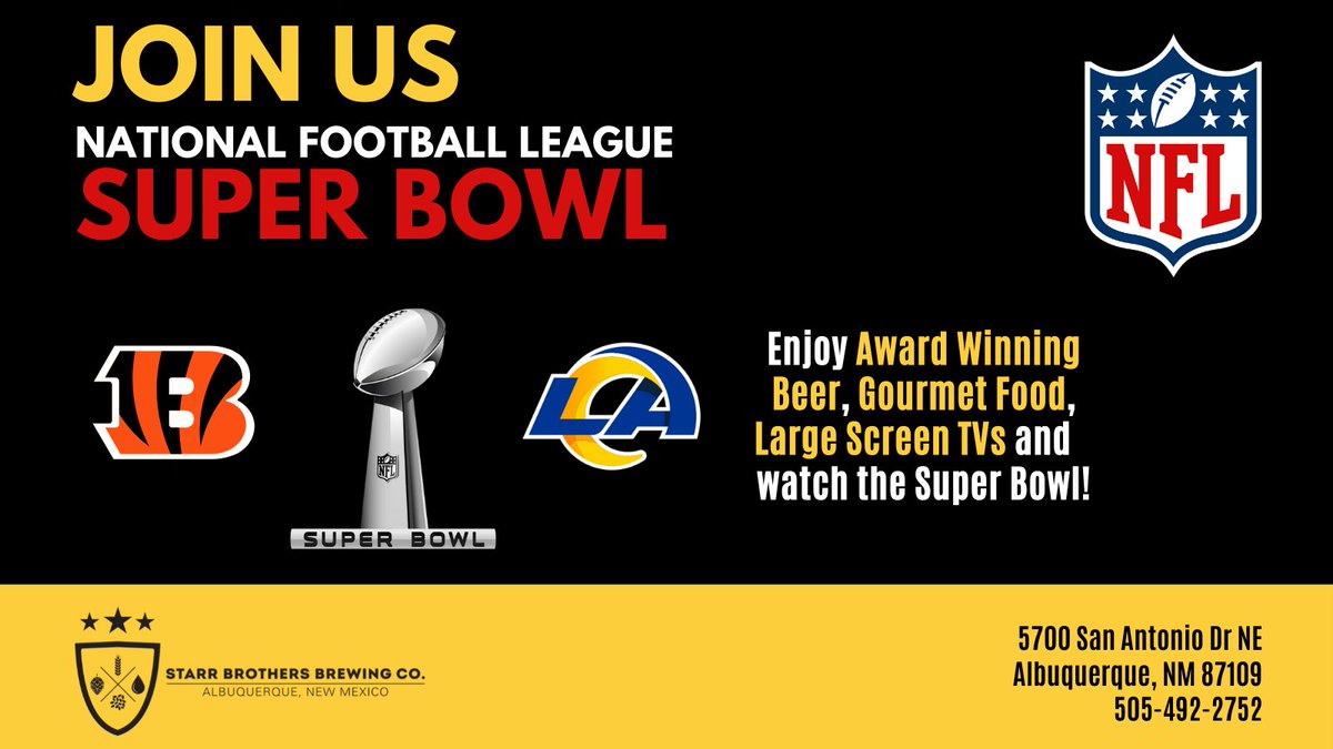 Whether you want to enjoy the game here, or get beer to go, 
we’ve got you covered! 
Cheers! 🍻⭐️🏈 ⚽️
Call us at 505-492-2752. 
 #craftbeer #nmbreweries #abqbreweries #nmbeerlove #rams #Bengals #bestbreweryABQ  #superbowlLVI #football #superbowl starrbrothersbrewing.com/craft-local-be…