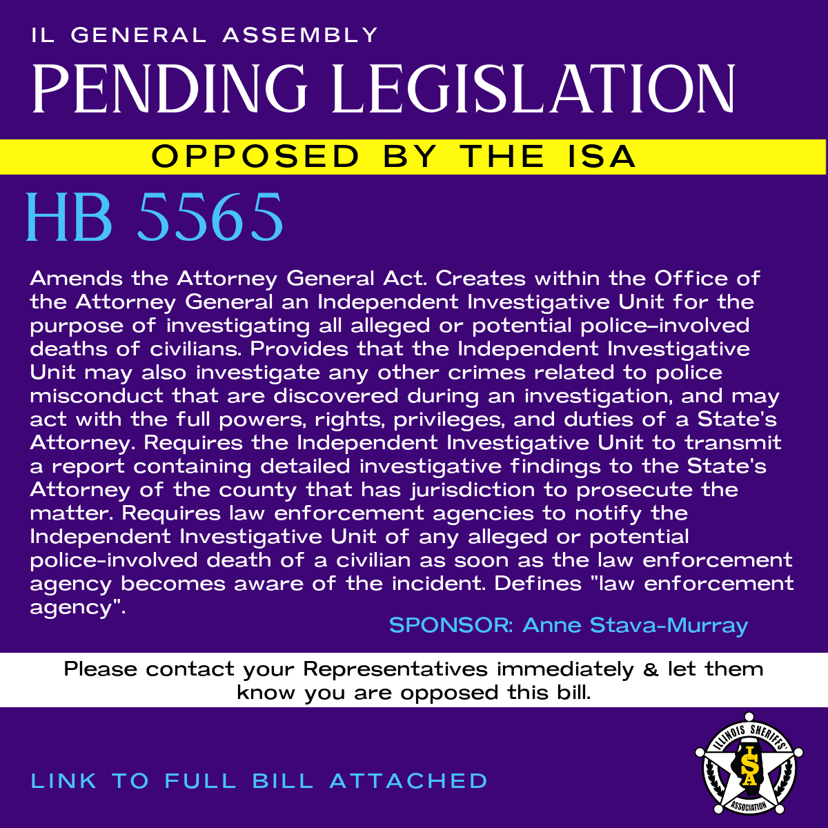ILSheriffsAssoc's tweet image. HB5565 - Opposed by the ISA

Link: ilga.gov/legislation/bi…