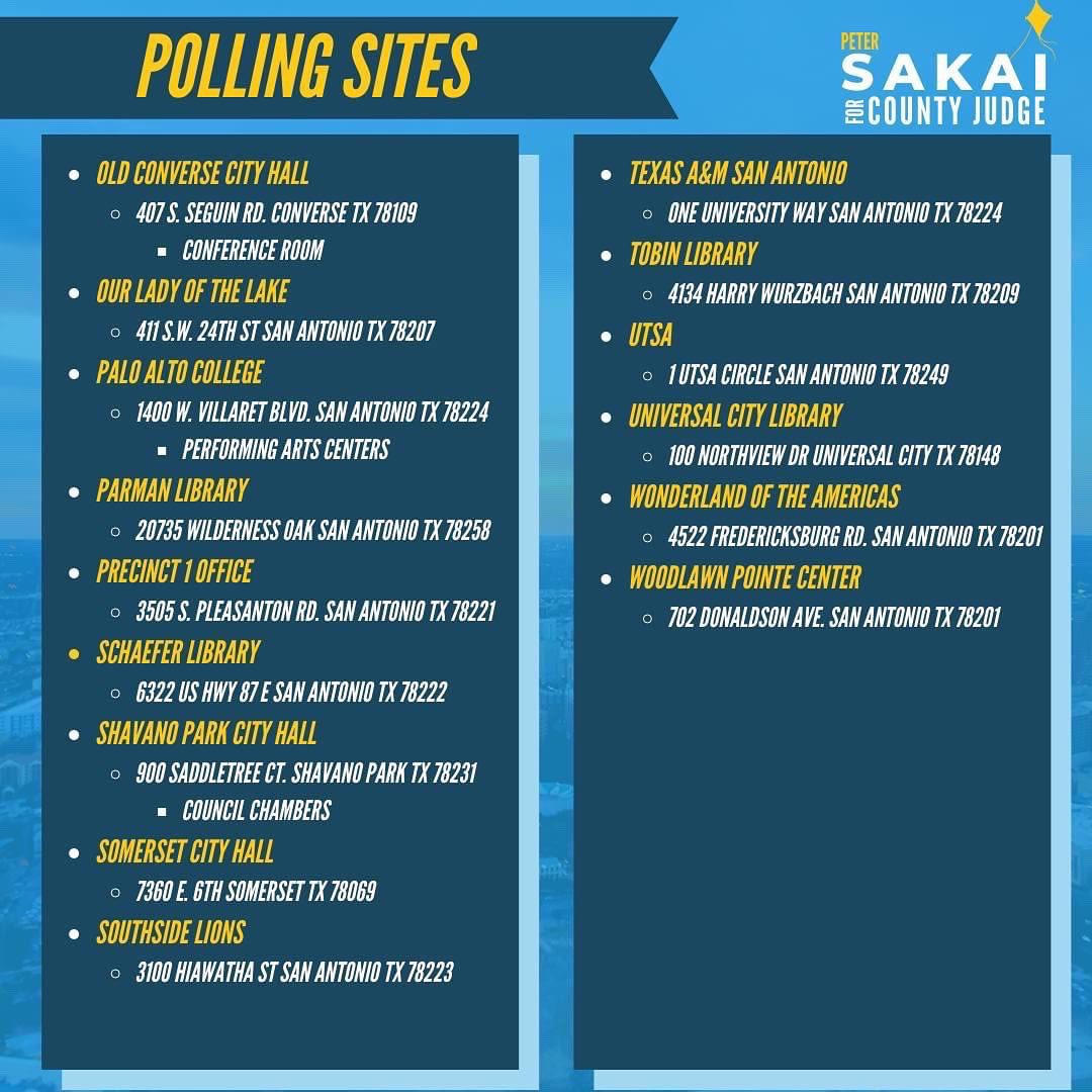 JudgePeterSakai's tweet photo. #EarlyVoting starts MON.Feb 14 &amp; ends Feb 25. Need info? Check the 🧵down below ⬇️

📍Find your nearest voting center
⏰ Schedule a day &amp; time to vote
👥 Encourage your friends &amp; family to #VoteSakai for Bexar #CountyJudge
😷 Grab a mask &amp; your I.D.
🗳 #VoteSakai for #BexarCounty https://t.co/WoGAfCw18o