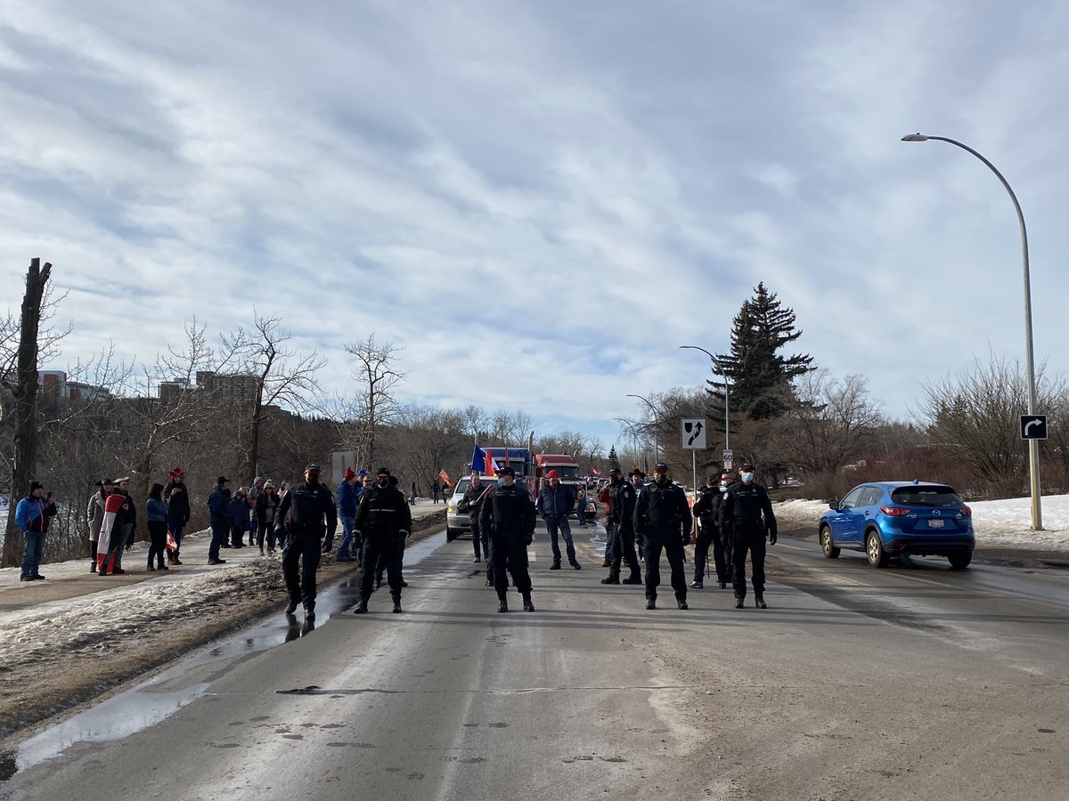 EmmaJackson57's tweet photo. Was told by the police today that we could be charged under the Critical Infrastructure Defence Act. 

Interesting how they refer to it when peaceful protestors are holding up the convoy, but not when the convoy is holding up the border for days. 🧐

#yeg #FluTruxKlanGoHome https://t.co/S9gguhoZ6x