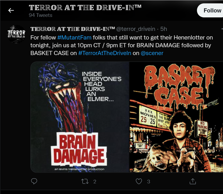 Fadingarcader's tweet photo. Missed the #HeartbreakTrailerPark? Just want to keep the party going? You've got some options. Starting with #StabbyRoadLive in about 35 minutes! Follow @Pujemin, @rubytombsday, @realfantastico &amp; @terror_drivein for more details

#WatchParty
#MutantFam 
#HorrorCommunity https://t.co/rENnB5oNX1