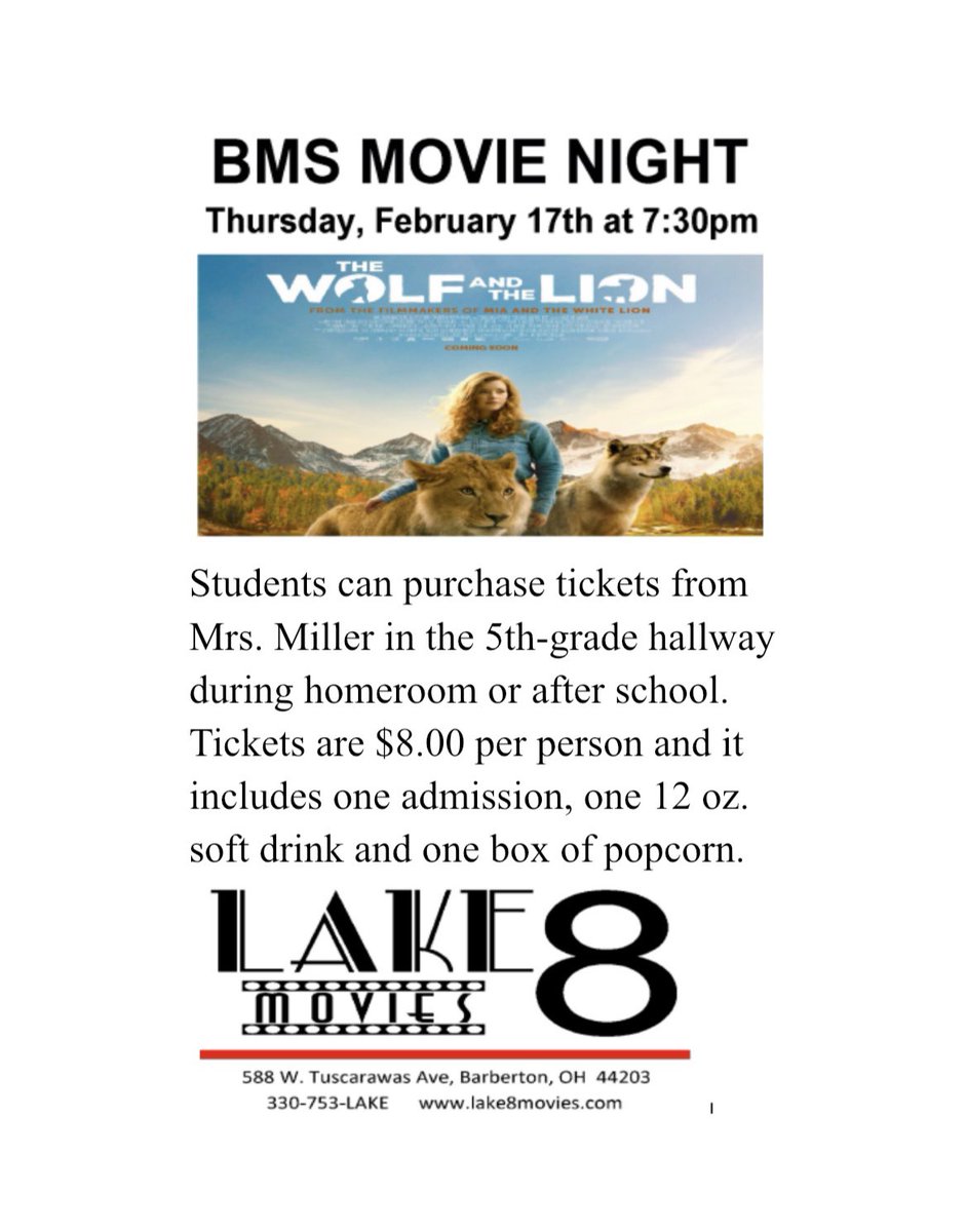 BMS Family Movie Night this coming Thursday! Students can purchase tickets from Mrs. Miller for $8.00.