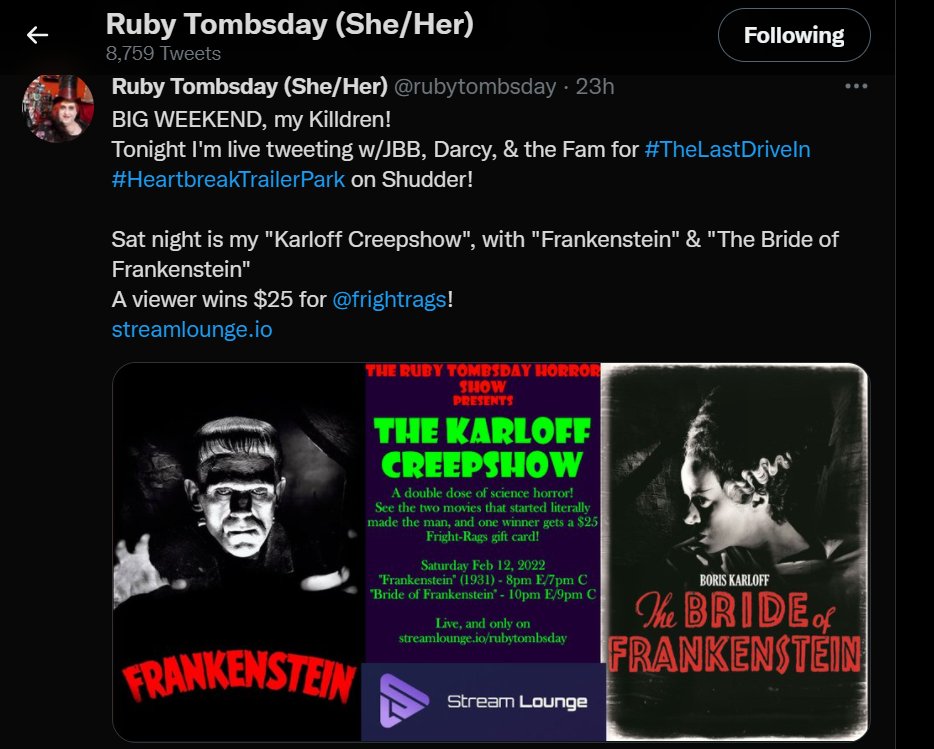 Fadingarcader's tweet photo. Missed the #HeartbreakTrailerPark? Just want to keep the party going? You've got some options. Starting with #StabbyRoadLive in about 35 minutes! Follow @Pujemin, @rubytombsday, @realfantastico &amp; @terror_drivein for more details

#WatchParty
#MutantFam 
#HorrorCommunity https://t.co/rENnB5oNX1