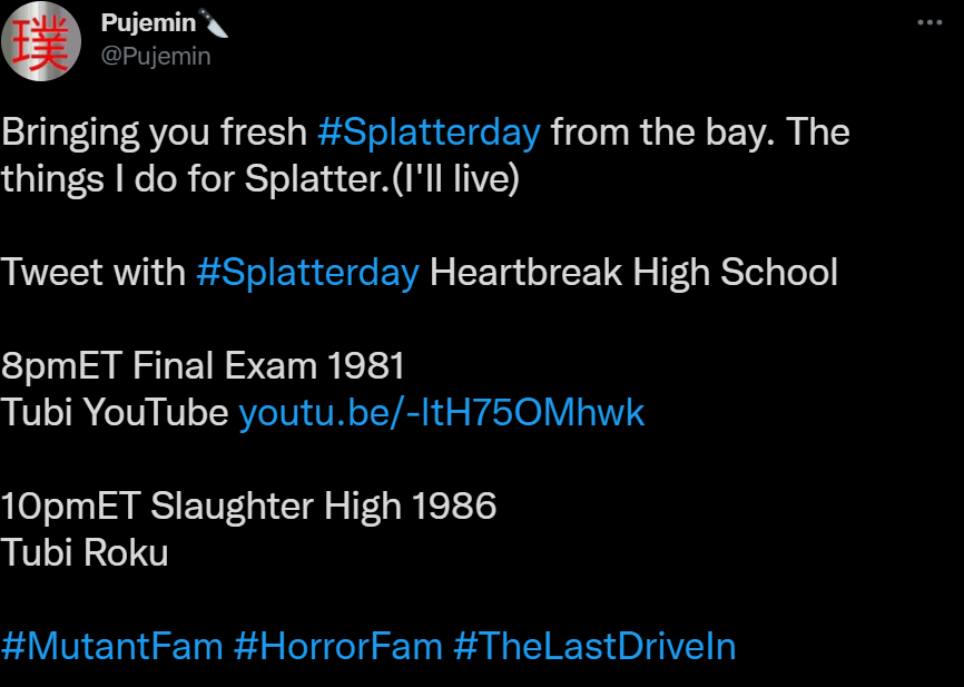 Fadingarcader's tweet photo. Missed the #HeartbreakTrailerPark? Just want to keep the party going? You've got some options. Starting with #StabbyRoadLive in about 35 minutes! Follow @Pujemin, @rubytombsday, @realfantastico &amp; @terror_drivein for more details

#WatchParty
#MutantFam 
#HorrorCommunity https://t.co/rENnB5oNX1
