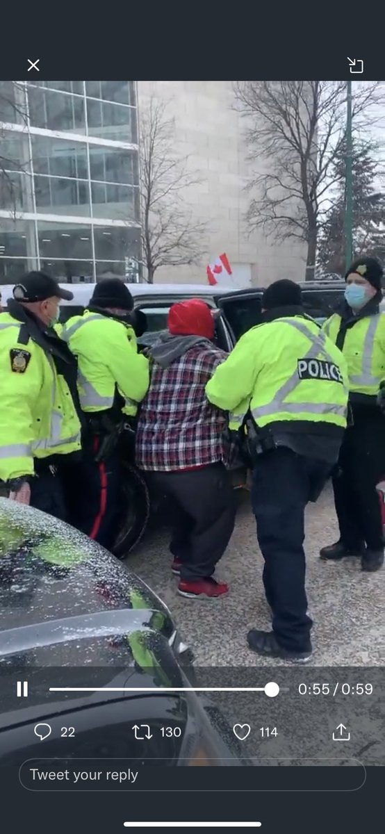 Cops Arresting one Indigenous man blocking a road while letting dozens of other people block another road for days. 
I’m speechless