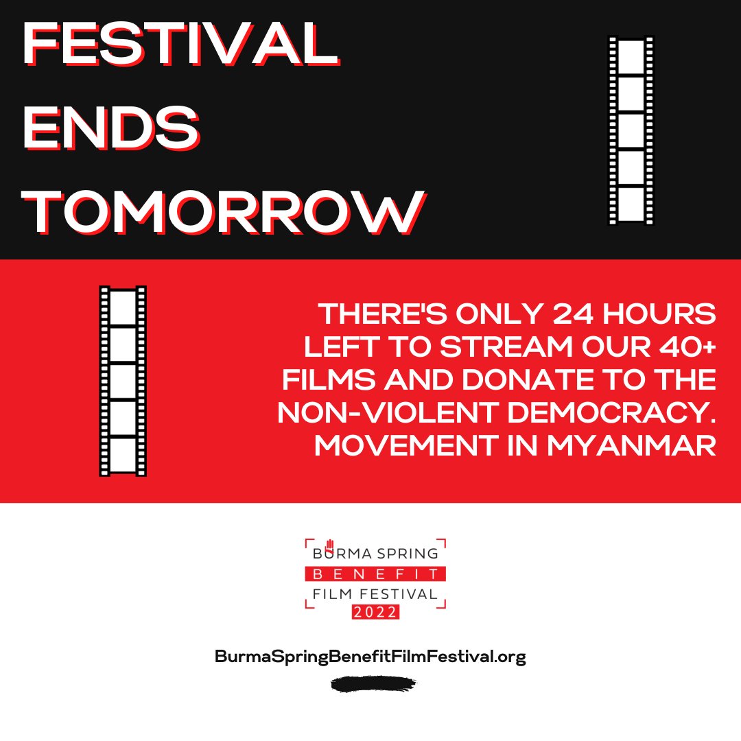 BenefitBurma's tweet photo. Only 1️⃣ day left to watch our curation of films from or about Myanmar and donate to support those fighting for their freedom, so go now!
https://t.co/XyMpGPLYmv 

#WhatsHappeningInMyanmar #BenefitBurma https://t.co/DcDK1sYHfA