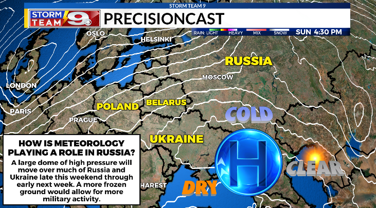WasilenkoAlex's tweet photo. Will weather play a role in whether or not Russia invades Ukraine sooner rather than later? It just may... Talk about a high pressure situation... #euromodel #highpressuresituation #Russia #Ukraine #Weather #Forecast https://t.co/TTLIkaAMZH