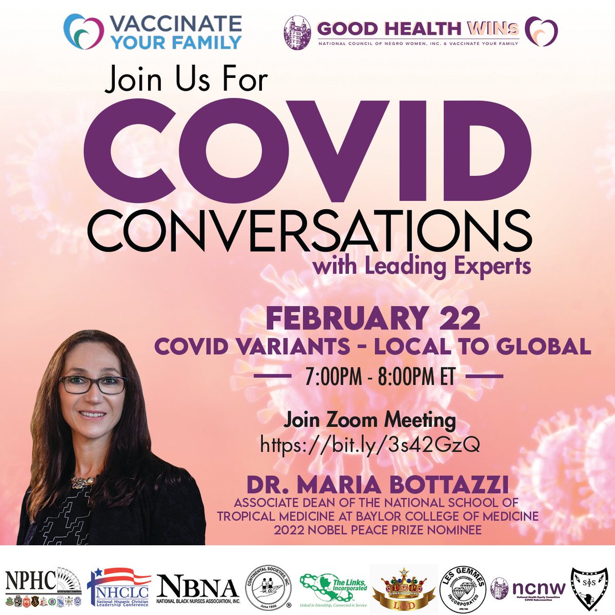 NCNWHQ's tweet photo. Join #GHW and #VYF for COVID Conversations with Dr. Maria Botazzi- Associate Dean of the National School of Tropical Medicine at Baylor College of Medicine AND a Nobel Peace Prize Nominee!

Date: Tuesday, February 22nd
Time: 7PM ET

Register here! https://t.co/5yQaU5R0V6 

#ncnw https://t.co/4pHZ9E1v7o