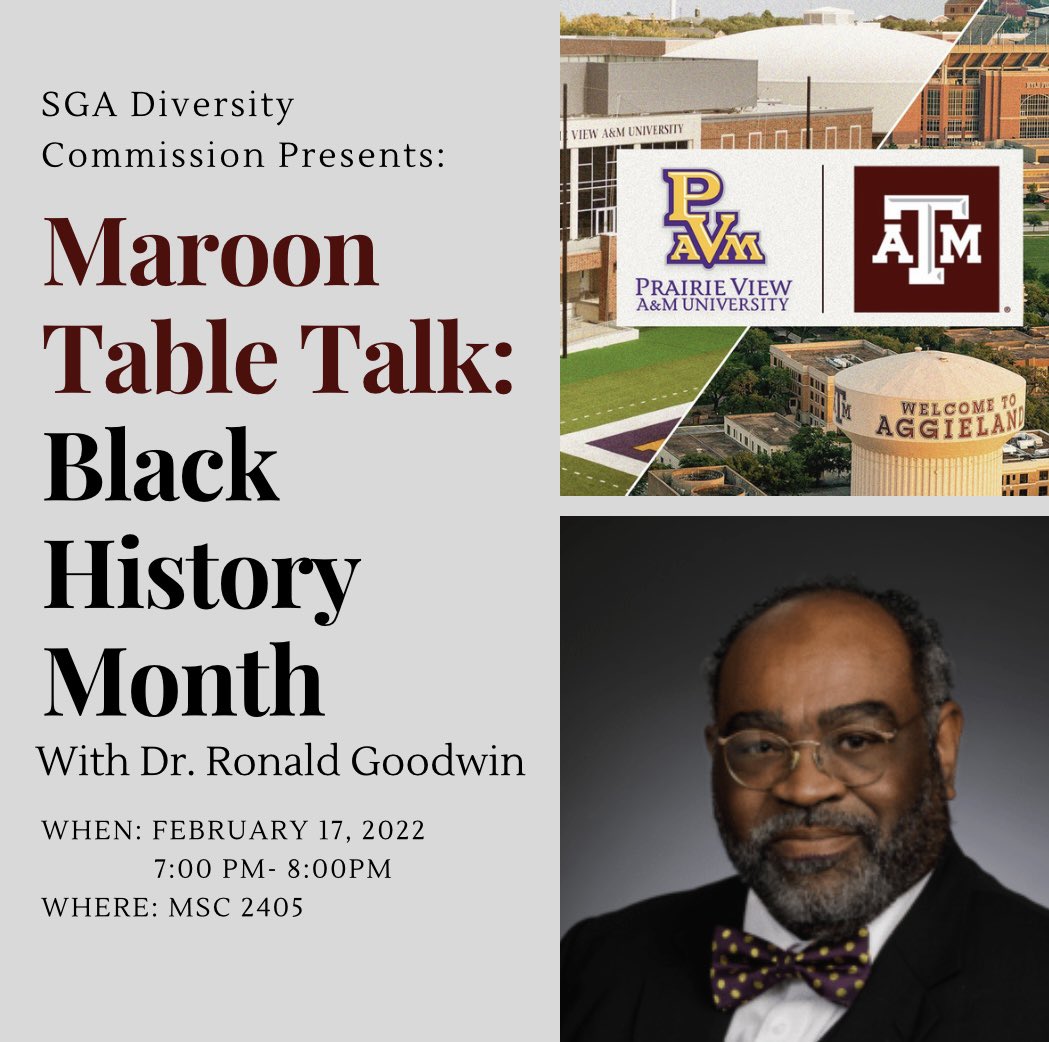 Our next Maroon Table Talk is February 17th!! Come out an join us for an amazing conversation led by Dr. Goodwin from Prairie View A&M!