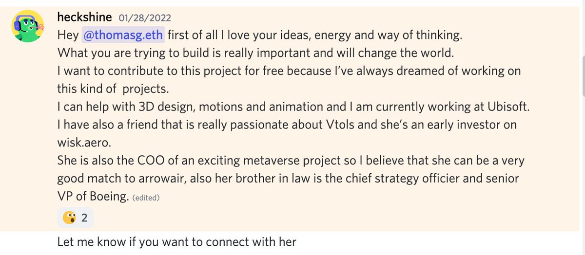 3/ Heckshine also has a friend that is really passionate about VTOLs, and is working on a metaverse project. Her brother in law is a VP at Boeing. Wow, what a connection!