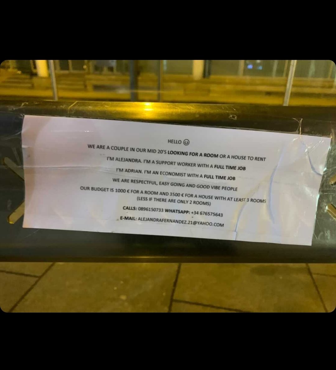 crazyhouseprice's tweet photo. This is just awful. Look at this note, which was spotted at a Luas stop. An Economist &amp; a Support Worker, both with full time jobs and a large budget, resorting to desperate measures to find a home. Ireland is truly broken. #crazyhouseprices https://t.co/TOCKL2MK22