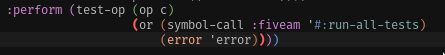 iamcorpix's tweet photo. Any better way to signal a condition for failing tests with #fiveam in #lisp? (writing this in asd file looks ugly)
The problem is `fiveam:run-all-tests` returning boolean result and `(asdf:test-system ...)` requires signaling a condition to have >0 exit code. https://t.co/KPoRcU80M7