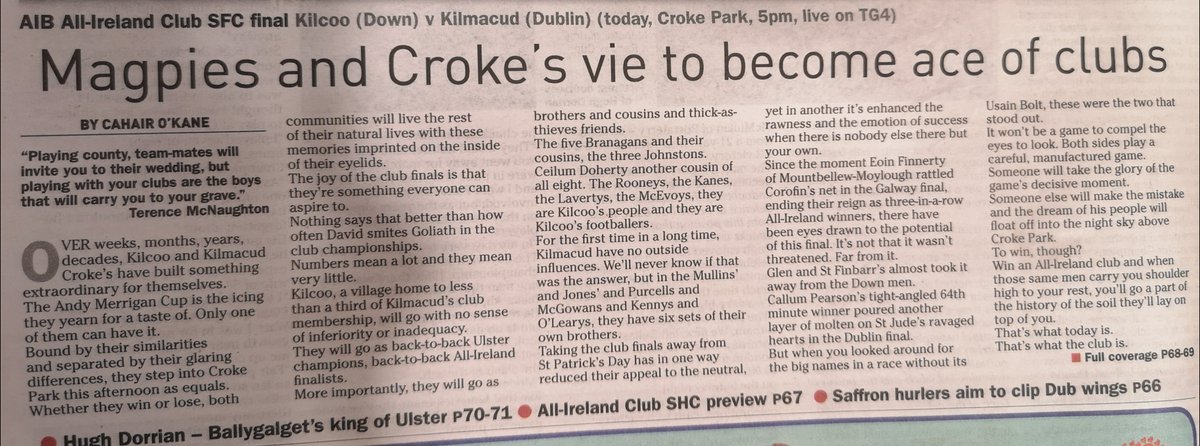 CahairOKane1's tweet image. Win an All-Ireland club and when your team-mates carry you shoulder high to your rest, you'll go a part of the history of the soil they'll lay on top of you. Piece from this morning on just what the club finals mean. Incredible afternoon's entertainment and drama