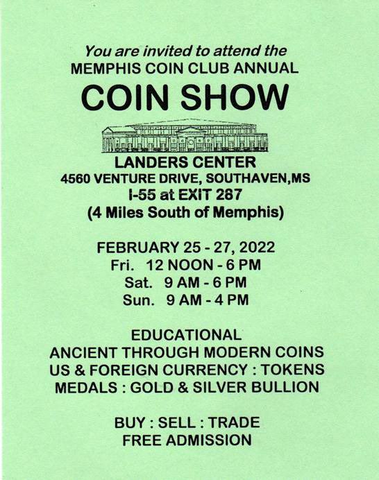 MemphisCoinClub's tweet photo. Don’t miss our show @LandersCenter Feb 25-27 #coins #coinshow https://t.co/LBnZWlA90B