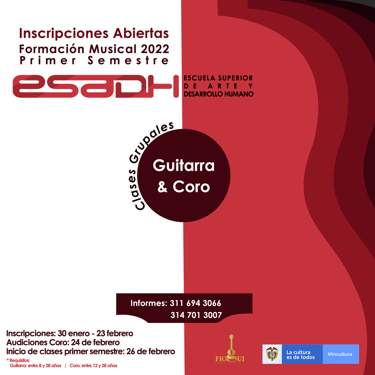 Esadh_col's tweet photo. ¡INSCRIPCIONES ABIERTAS! #FormaciónMusical2022
La #EscuelaSuperiordeArteyDesarrolloHumano, apertura la convocatoria de primer semestre 2022 de formación musical grupal en coro y guitarra para niños, adolescentes y jóvenes en #Cali
 
Pre inscripción: https://t.co/3AR6WaE9Ke https://t.co/fFi9TQv7Wp