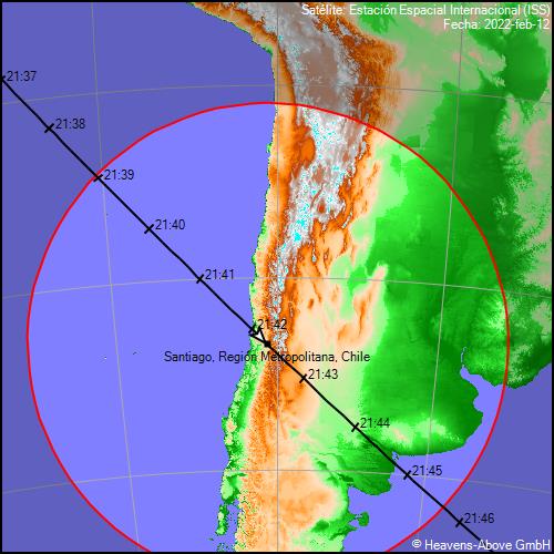 AAlarcn's tweet photo. La Estación Espacial Internacional pasará vertical sobre las regiones de Valparaíso y Metropolitana, hoy 12 de febrero.  Aparecerá desde el Noroeste (NO) hacia el Sureste (SE). a las 21:39 horas. También se  verá  brillante entre Atacama y Los Ríos. https://t.co/yWlM4htnR2